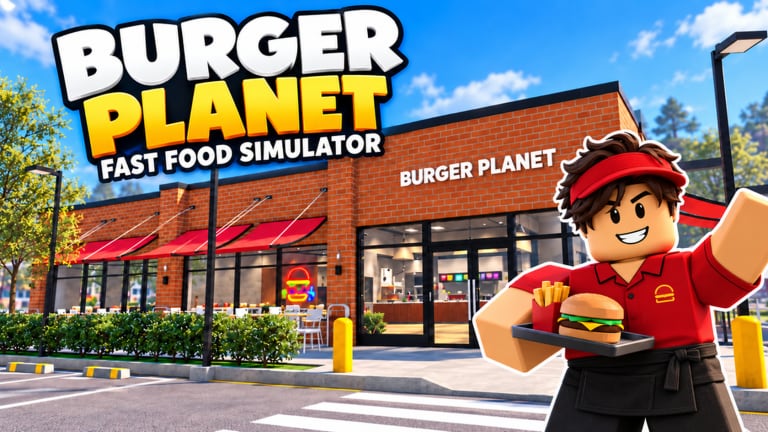 Burger Planet restaurant with a smiling crew member holding a tray